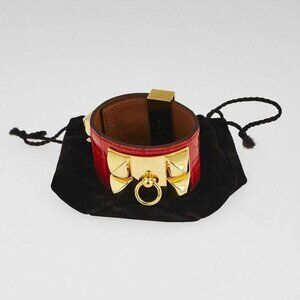 Hermes Geranium Matte Alligator Gold Plated Collier de Chien Cuff Bracelet